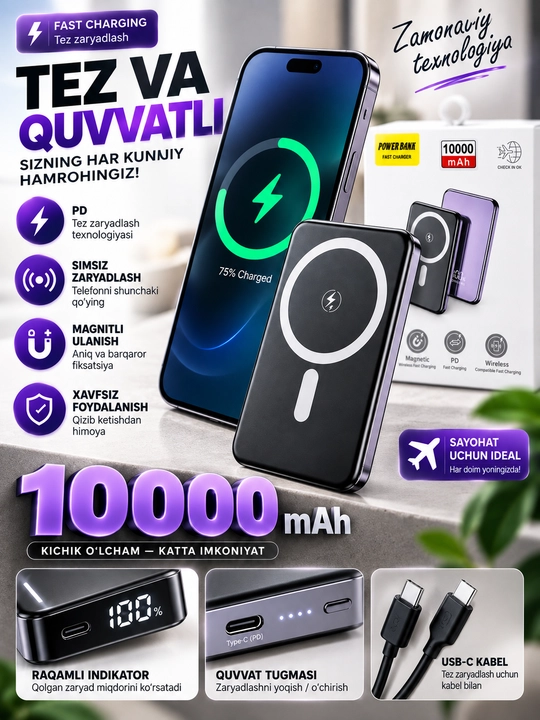 Power Bank 10000 mAh 22.5W tez zaryadlovchi tashqi akkumulyator Type-C LED
