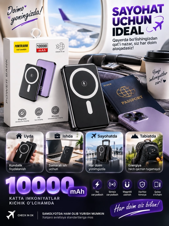 Power Bank 10000 мАч 22.5W быстрая зарядка внешний аккумулятор Type-C LED