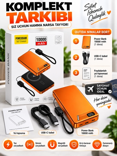Power Bank 10000 мАч быстрая зарядка магнитный беспроводной Type-C LED дисплей
