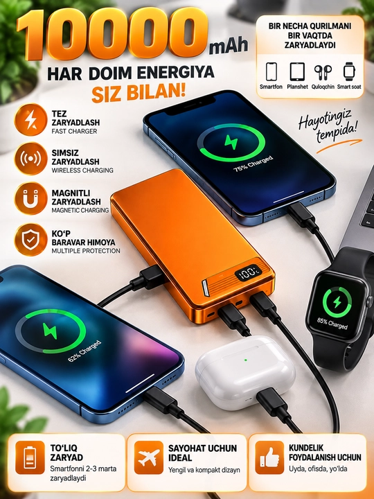 Power Bank 10000 мАч быстрая зарядка магнитный беспроводной Type-C LED дисплей - 