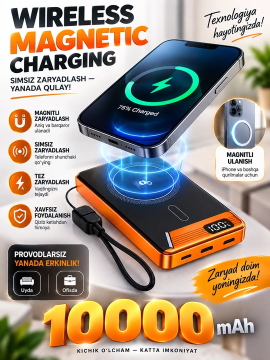 Power Bank 10000 мАч быстрая зарядка магнитный беспроводной Type-C LED дисплей