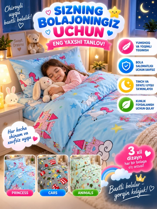 Bolalar uchun pastel komplekt 1.5 kishilik yumshoq paxtali choyshab malika dizaynli - 