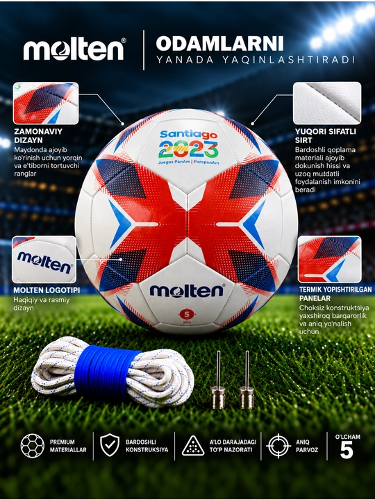 Molten FSN5000 professional futbol to‘pi, 5-o‘lcham, oq-ko‘k-qizil