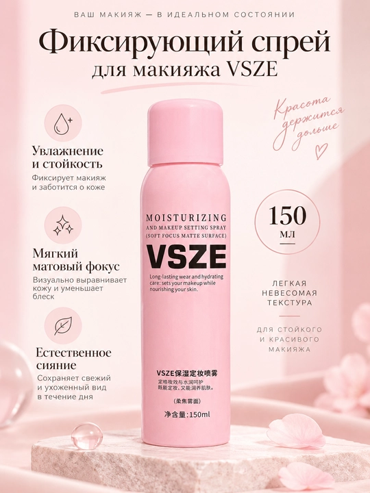 Фиксатор макияжа VSZE,спрей для лица, закрепитель макияжа, увлажняющий, матовый финиш, 150 мл - 