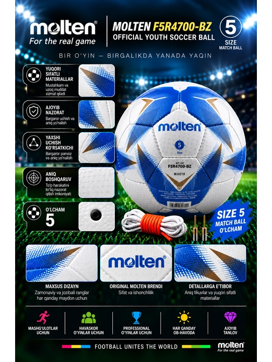 Futbol to‘pi Molten F5R4700-BZ, Professional, 5-o‘lcham, oq-ko‘k