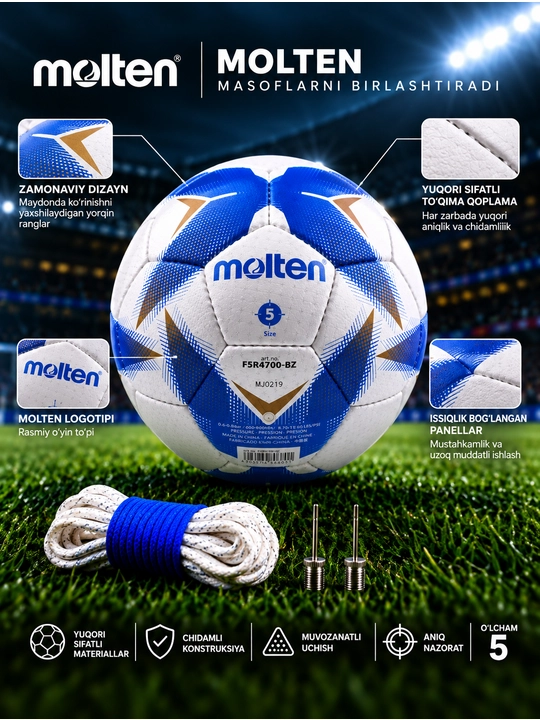 Futbol to‘pi Molten F5R4700-BZ, Professional, 5-o‘lcham, oq-ko‘k