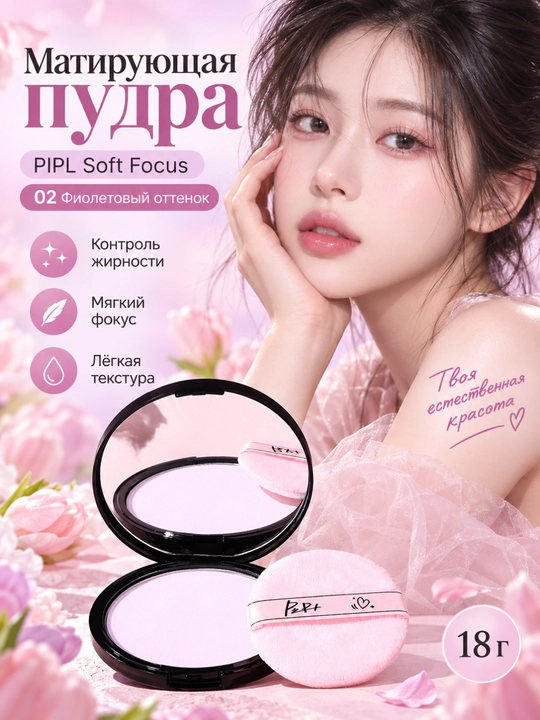 Матирующая компактная пудра для лица PIPL Soft Focus, контроль жирного блеска, 18 г - 