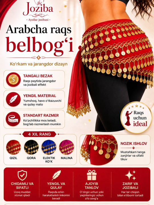 Arabcha raqs uchun tangali belbog‘ — sharqona belly dance aksessuari - 