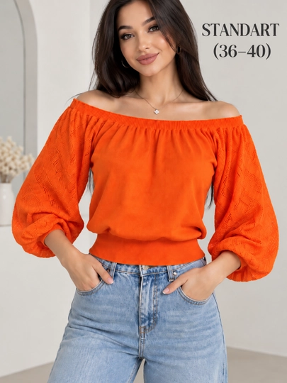 Женская кофта (36-40) открытыми плечами, кружевными рукавами, модная блузка топ - 