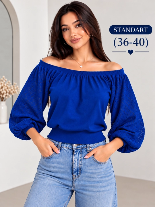 Женская кофта (36-40) открытыми плечами, кружевными рукавами, модная блузка топ - 