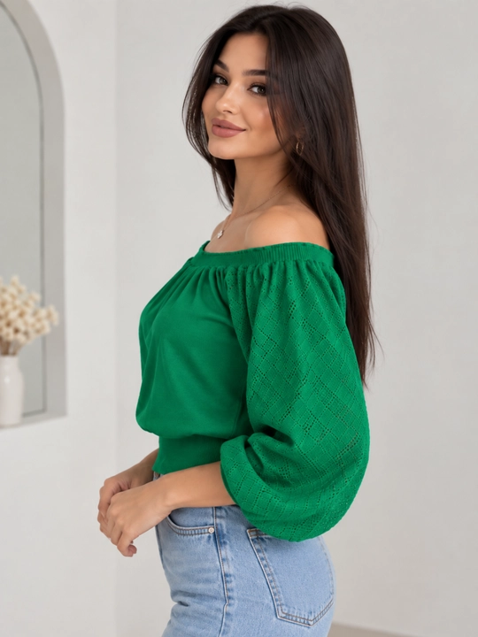 Женская кофта (36-40) открытыми плечами, кружевными рукавами, модная блузка топ