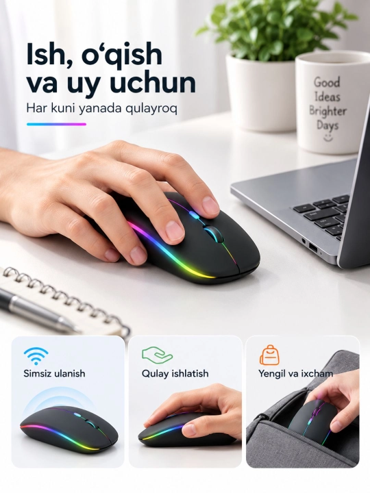 Lenovo W10 RGB simsiz sichqoncha, Bluetooth va 2.4G ulanishli, 3 DPI rejiml
