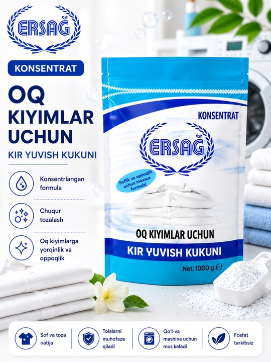 ERSAG oq kiyimlar uchun kir yuvish kukuni 1000 g fosfatsiz oqartiruvchi