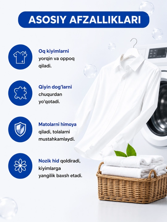 ERSAG oq kiyimlar uchun kir yuvish kukuni 1000 g fosfatsiz oqartiruvchi