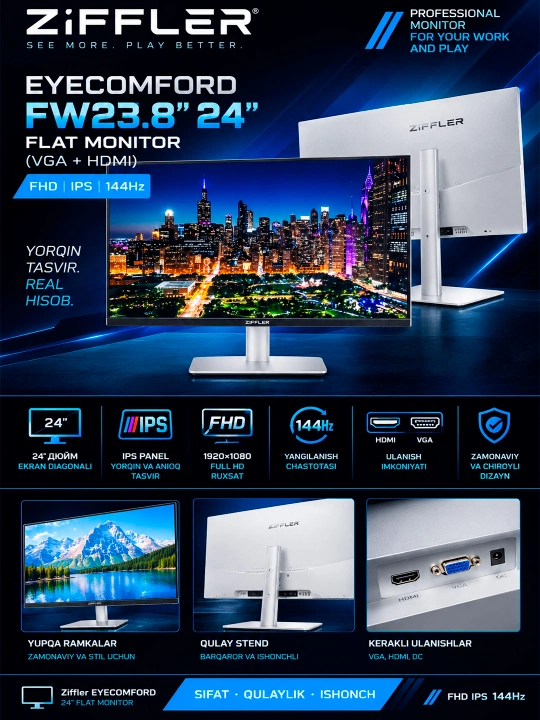 Monitor Ziffler EYECOMFORD FW23.8" 24" FLAT MONITOR (VGA+HDMI) FHD IPS 144hz Oq rangda - 