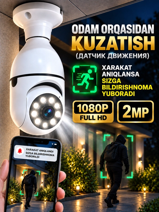 Aqlli Wi-Fi kamera, videokuzatuv kameralari, 360° Full HD kamera
