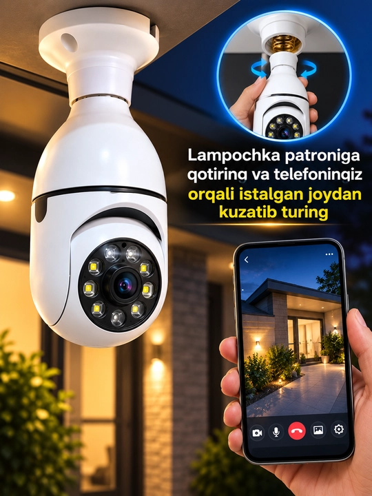 Aqlli Wi-Fi kamera, videokuzatuv kameralari, 360° Full HD kamera