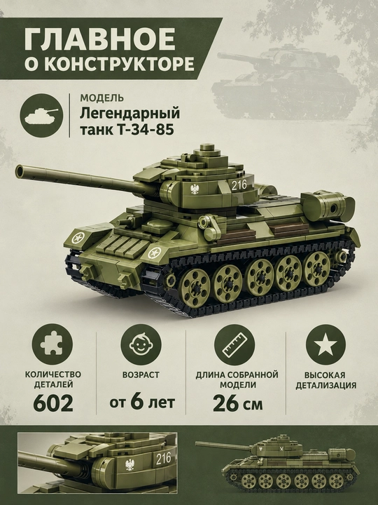 Konstruktor tank T-34-85 harbiy texnika yig'ma modeli 602 detal