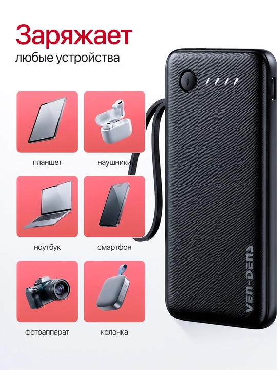 Power Bank 20000mA 22W tezkor quvvat bilan tashqi akkumulyatori +2 kabel bilan