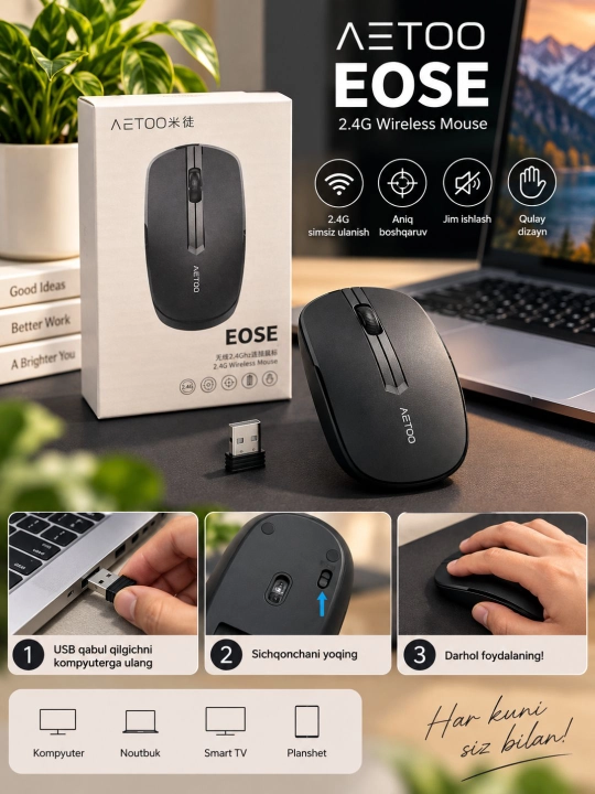 AETOO EOSE 2.4G simsiz sichqoncha, USB qabul qilgichli, ixcham va jim ishlaydigan