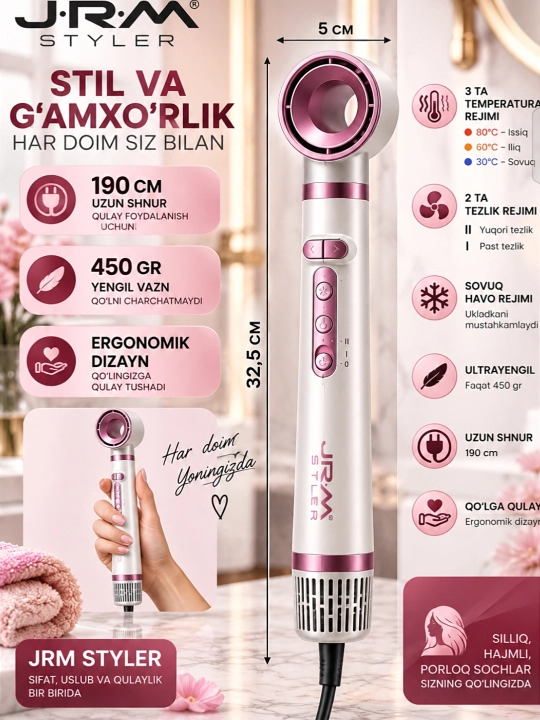 Soch quritgich fen Airwrap JRM styler, 6 tasi 1 da, avtomatik ployka va turmaklash
