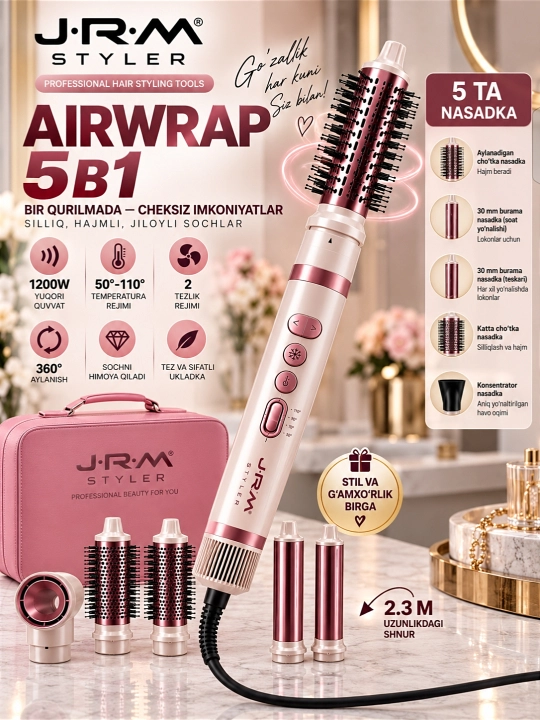 Soch quritgich fen Airwrap JRM styler, 6 tasi 1 da, avtomatik ployka va turmaklash
