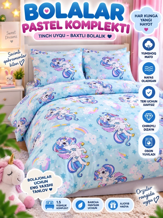 Bolalar uchun 1.5 kishilik pastel yotoq komplekti yumshoq choyshab unicorn dizayn - 