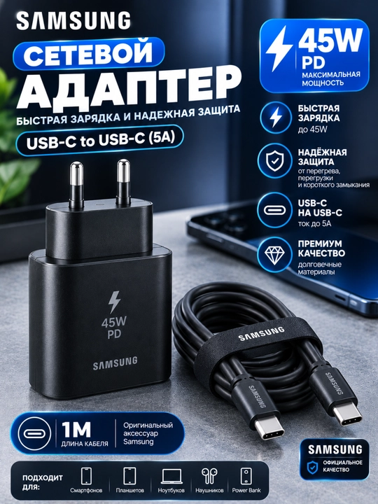 Сетевой адаптер 45W PD USB-C с кабелем USB-C 1 м, для быстрой зарядки - 