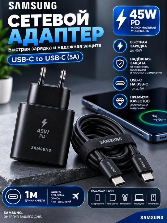 Сетевой адаптер 45W PD USB-C с кабелем USB-C 1 м, для быстрой зарядки