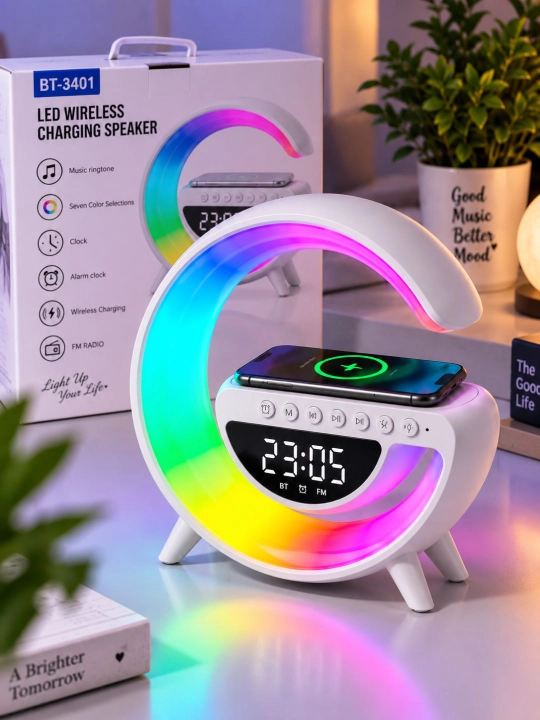 BT-3401 RGB LED simsiz zaryadlovchi dinamik, soat, budilnik va FM radio bilan - 