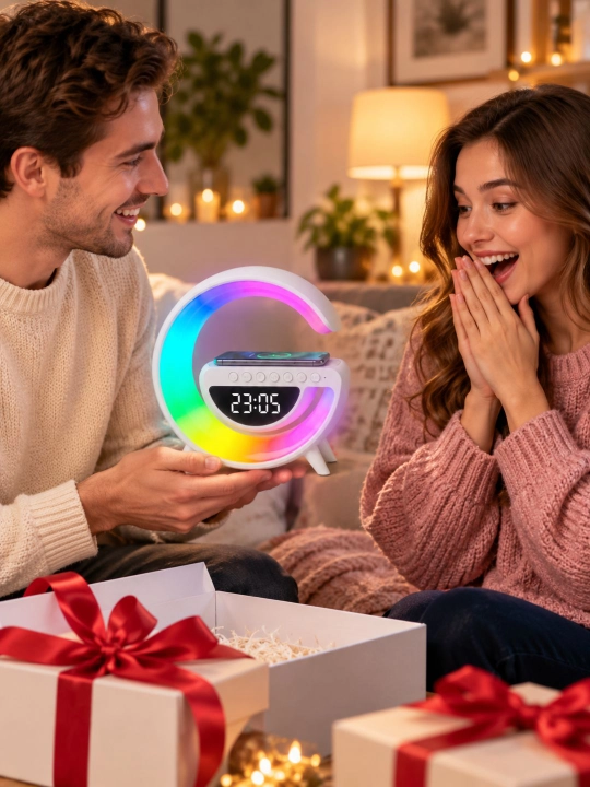 BT-3401 RGB LED колонка с беспроводной зарядкой, часами, будильником и FM-радио