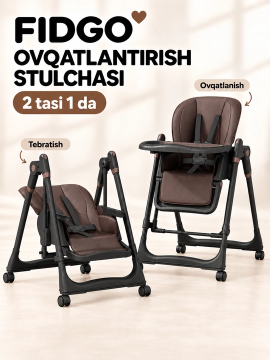 Ovqatlantirish stulchasi FIDGO, yig‘iladigan, tebranish funksiyali, eko-charm - 