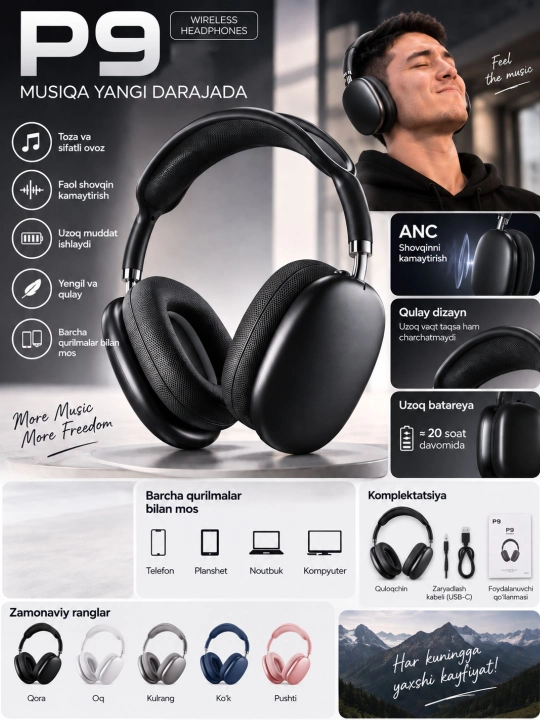 P9 simsiz Bluetooth quloqchin, katta yumshoq yostiqchali, boshga taqiladigan naushnik