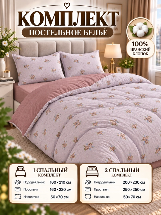 Постельное бельё, хлопок, комплект 1 и 2 спальный, простыня, пододеяльник, наволочка - 
