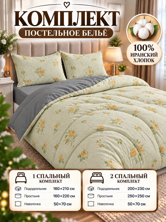 Постельное бельё, хлопок, комплект 1 и 2 спальный, простыня, пододеяльник, наволочка - 