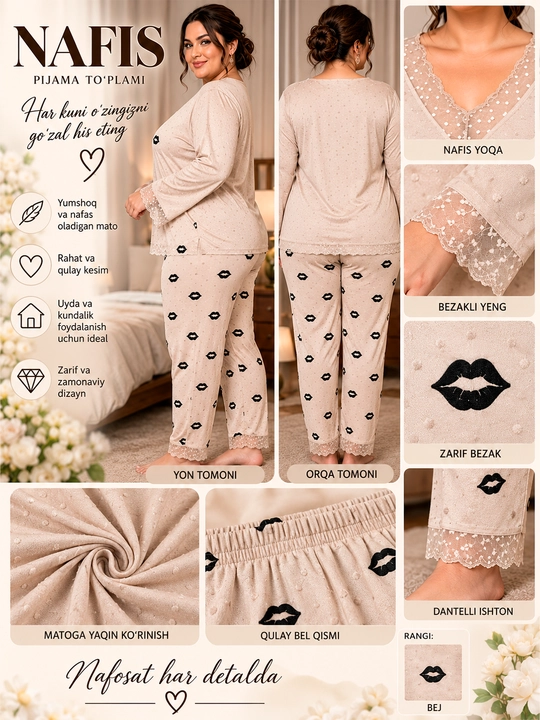 Ayollar uchun nafis pijama to‘plami, yumshoq matoli, dantelli bezakli