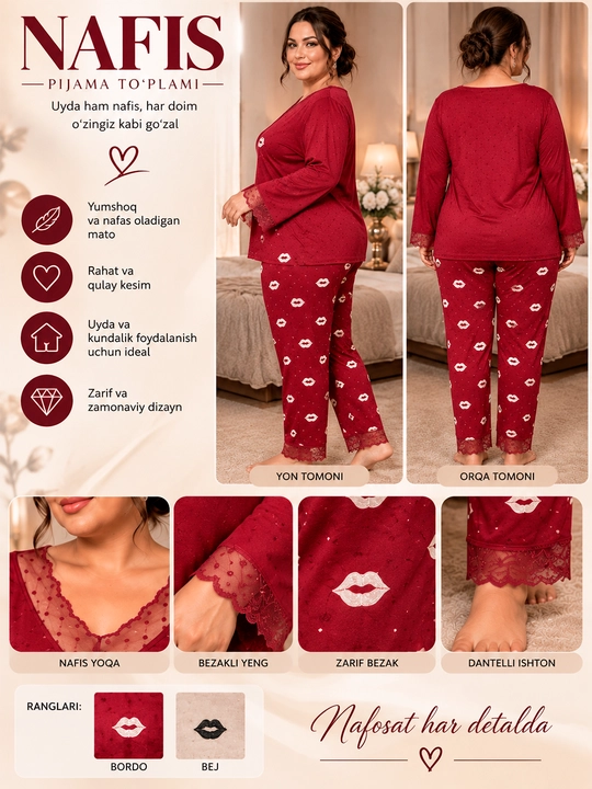 Ayollar uchun nafis pijama to‘plami, yumshoq matoli, dantelli bezakli