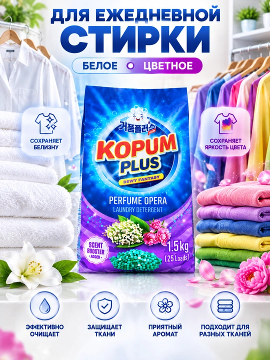 Avtomat kir yuvish kukuni, parfyumeriya aromatli, oq va rangli kiyimlar uchun