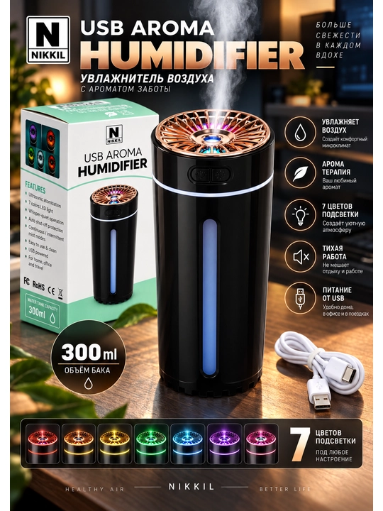 Humidifier havo namlagichi, yoritgichli, USB, uy, ofis va avtomobil uchun - 