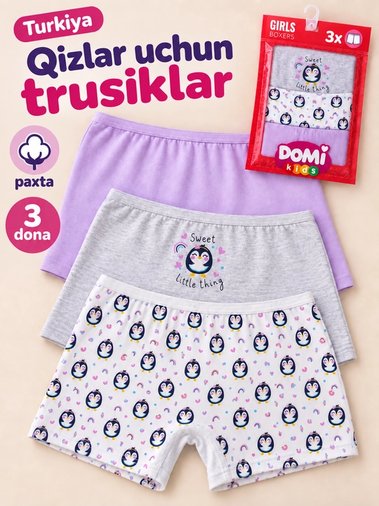 Qizlar uchun trusiklar, qizlar uchun trusi, paxta, 3 dona to‘plam, sliplar va shortiklar, Turkiya - 