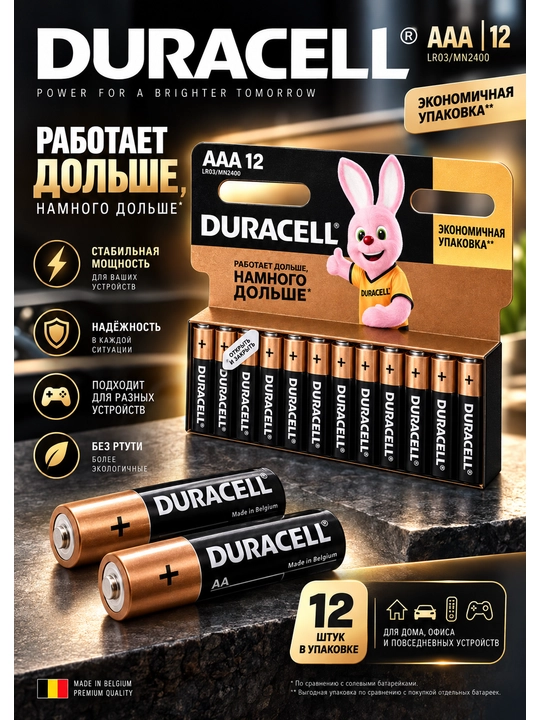 Duracell AAA LR03/MN2400 ishqoriy batareykalar, qadoqda 12 dona - 