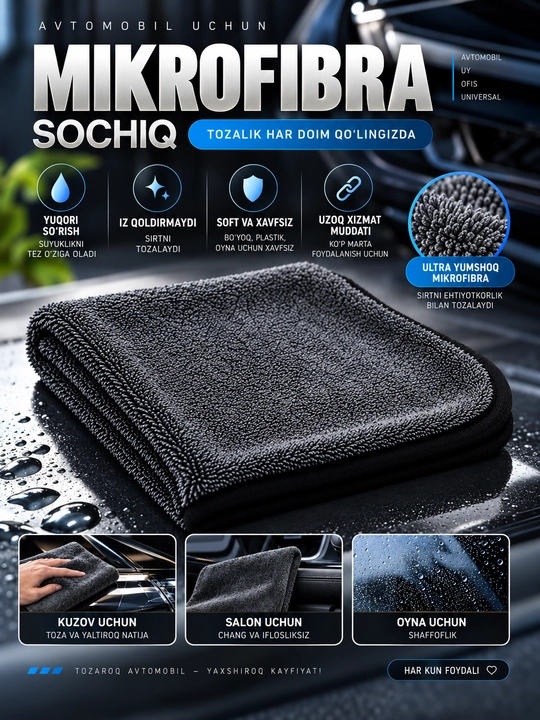 Avtomobil uchun ultra yupqa mikrofiber sochiq, quritish, polirovka va tozalash uchun - 