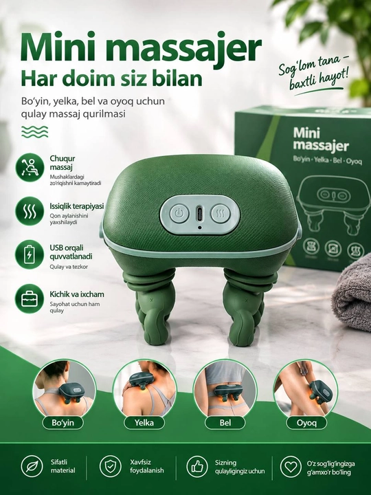 Mini massajer, bo’yin massajeri, yelka massaj, issiqlik massaj - 