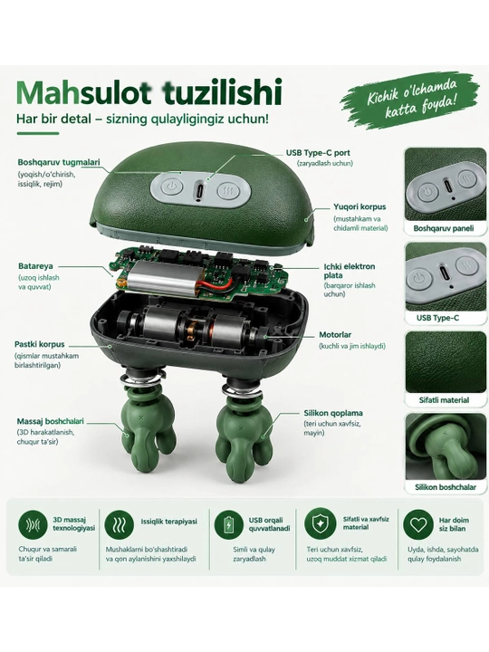 Mini massajer, bo’yin massajeri, yelka massaj, issiqlik massaj