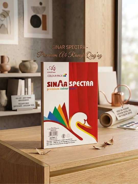 Rangli qog'oz A4 Sinar Spectra, 100 varaq, ijod va maktab uchun, yorqin ranglar to'plami