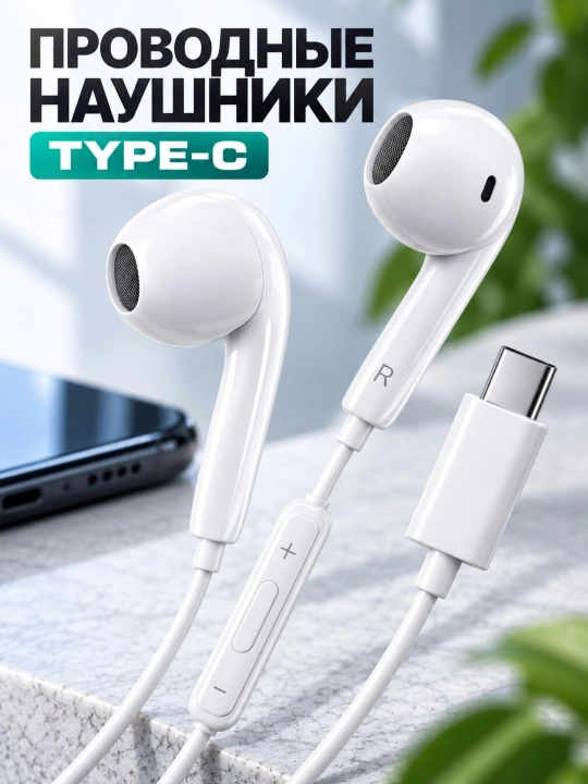 Проводные наушники Type-C с микрофоном, стереозвуком и управлением громкостью - 