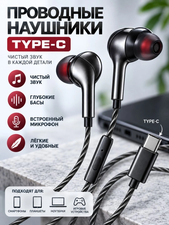 Проводные наушники Type-C с микрофоном, стереозвуком и управлением громкостью - 