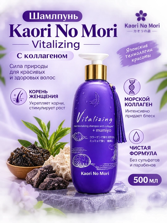 Kaori Vitalizing Ginseng with Collagen — шампунь с женьшенем и коллагеном, 500 мл, Япония