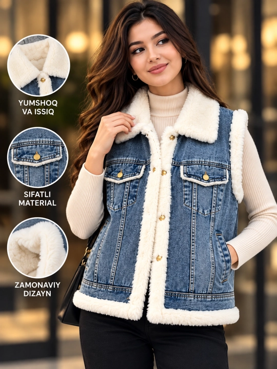 Ayol qizlar uchun nimcha jensili jiletka jaket yoqali tugmali elegant uslub unversal razme