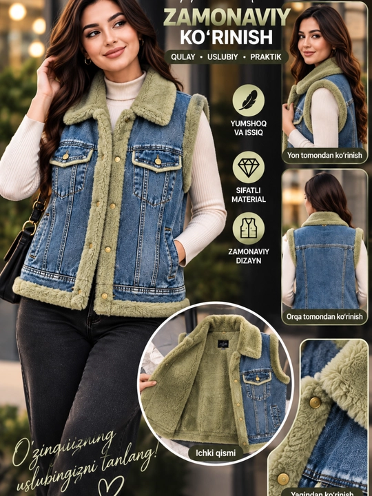 Ayol qizlar uchun nimcha jensili jiletka jaket yoqali tugmali elegant uslub unversal razme